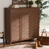 Coolidge Modern and Contemporary Walnut Finished 11-Shelf Wood Shoe Storage Cabinet with Drawer